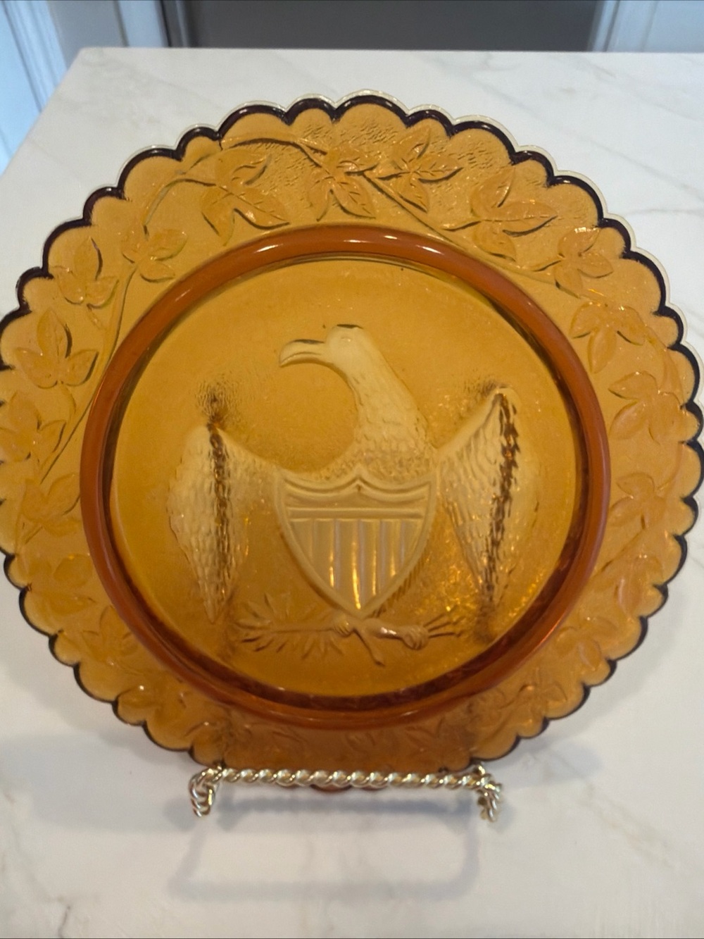 Light Amber Glass Eagle Decorative Wall Plate Vintage with Vine Border